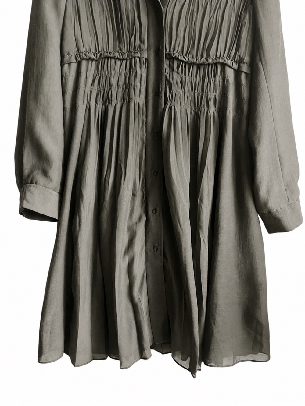 Elie Tahari Olive Brown Pleated Snap Front Shirt Dress Medium - Picture 4 of 11